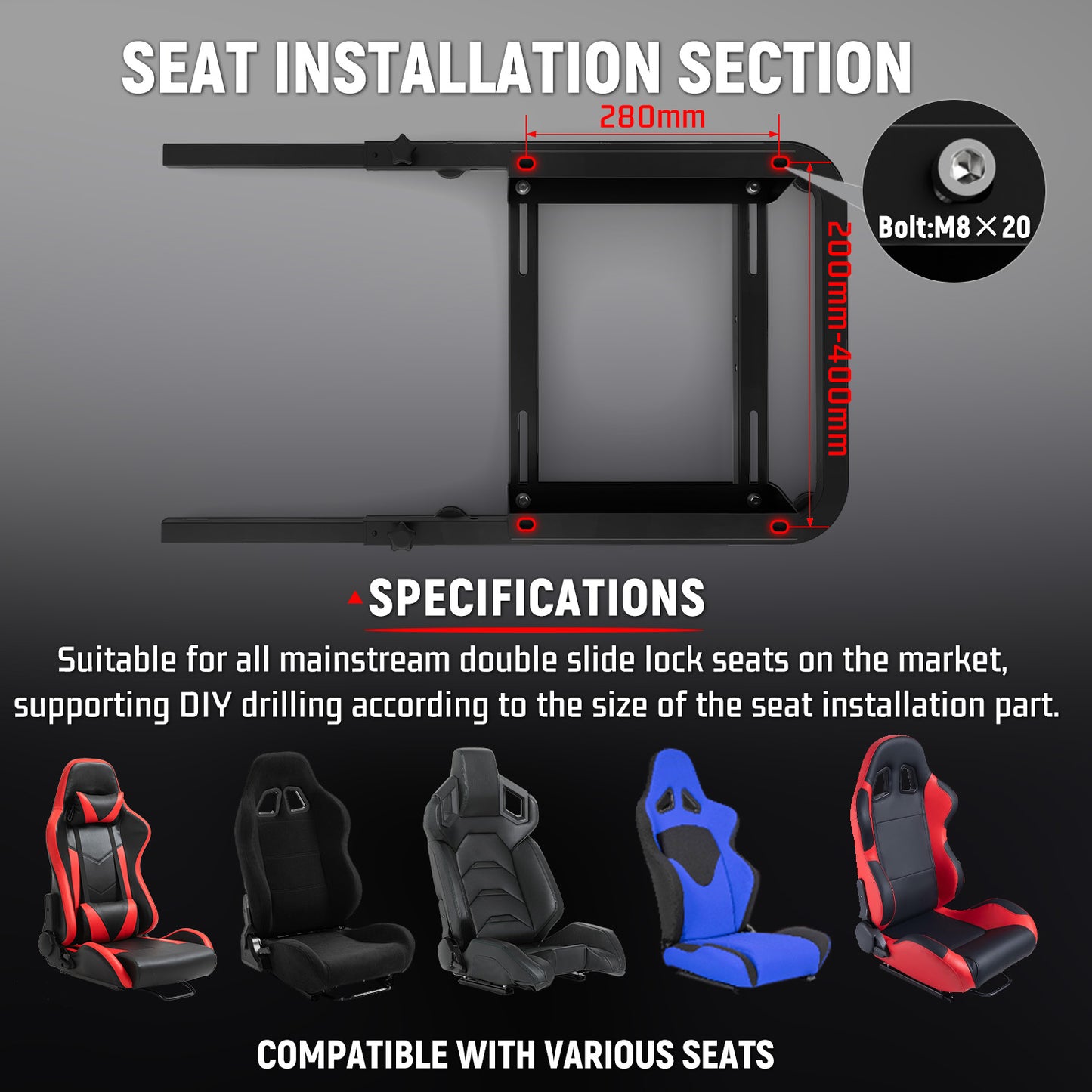 Dardoo Adjustable Rear Seat Frame with Comfortable Gaming Seat , Extended to Complete Racing Simulator Cockpit with our Steering Wheel Stand, Support DIY!