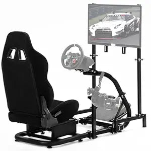 Dardoo Racing Sim Cockpit with Monitor Stand Seat wheel stand Adjustable Compatible with All Logitech G29 G920, Thrustmaster Xbox, Includes only Cockpit,Black Seat and Monitor Stand(75+56)