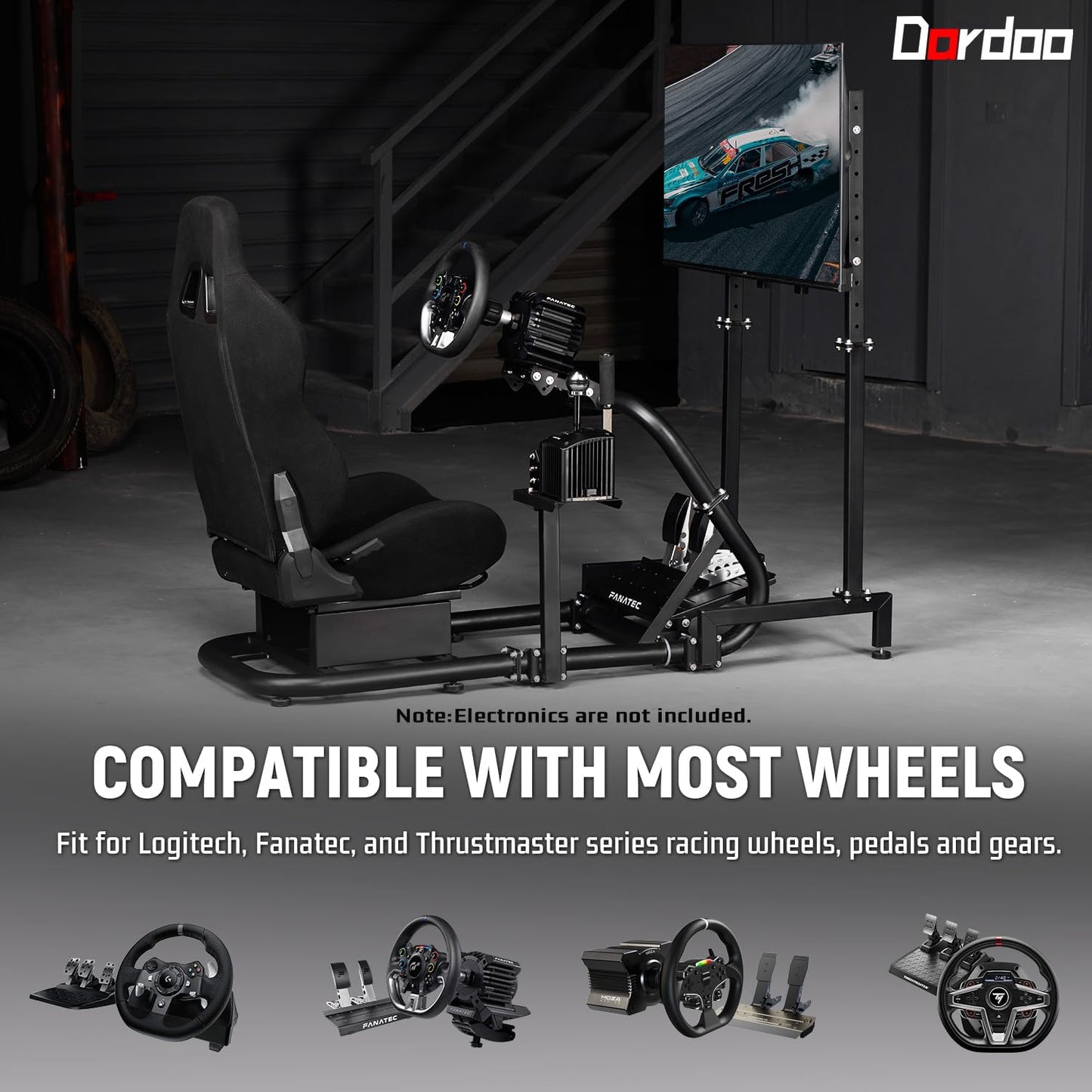 Dardoo Racing Sim Cockpit with Monitor Stand Seat wheel stand Adjustable Compatible with All Logitech G29 G920, Thrustmaster Xbox, Includes only Cockpit,Black Seat and Monitor Stand(75+56)
