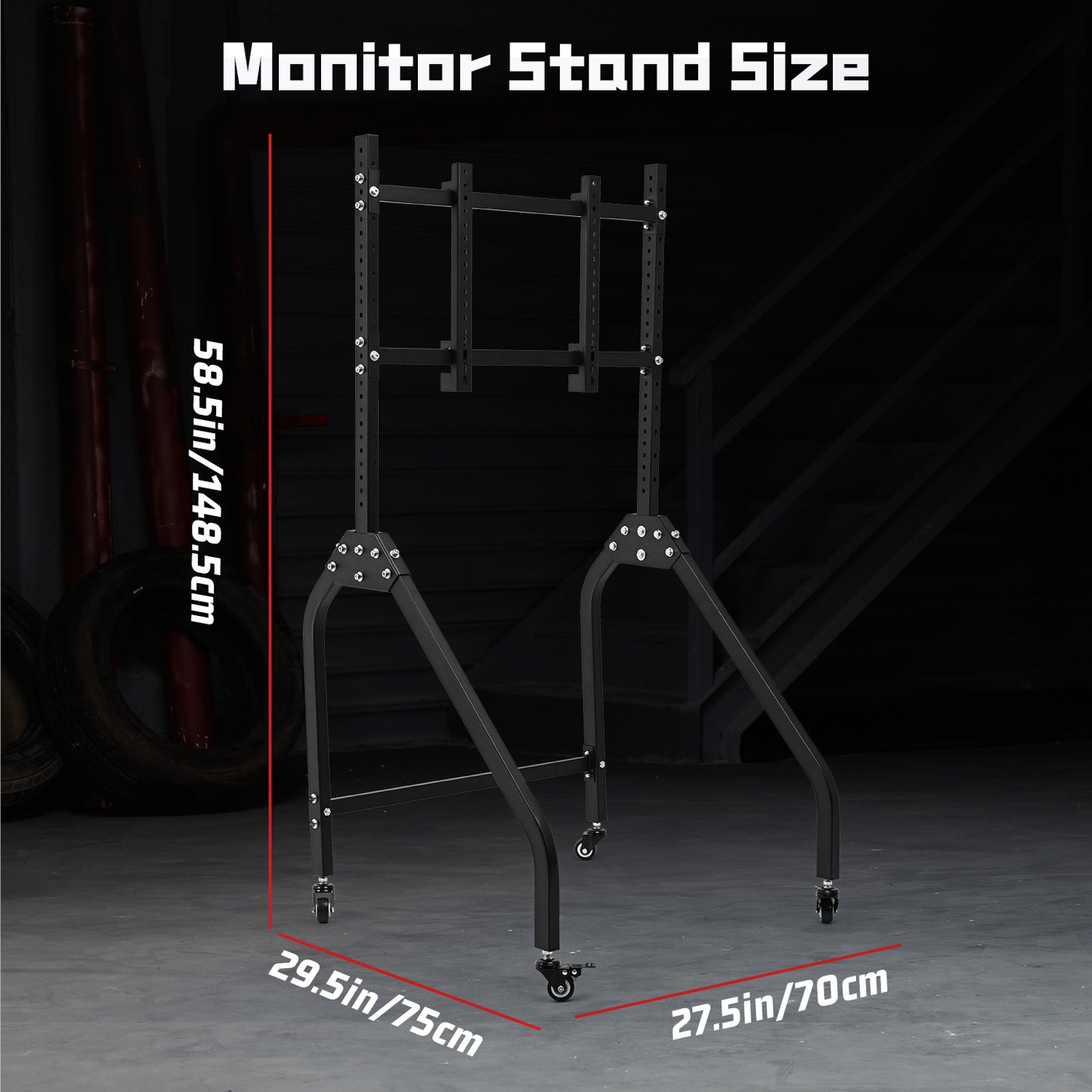Dardoo Single Monitor Stand with Brake Casters, Premium Adjustable Mount for Racing Simulator Cockpit, Full Motion Adjustability for 27 to 65 inch Monitors, Immersive Gaming Experience