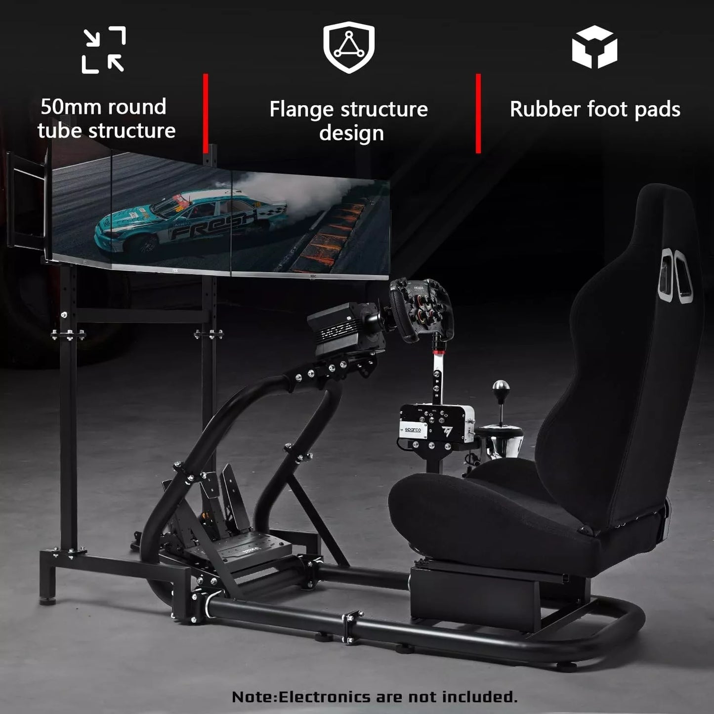 Dardoo Racing Sim Cockpit with Triple Monitor Stand and Black Seat Fit for Logitech Thrustmaster