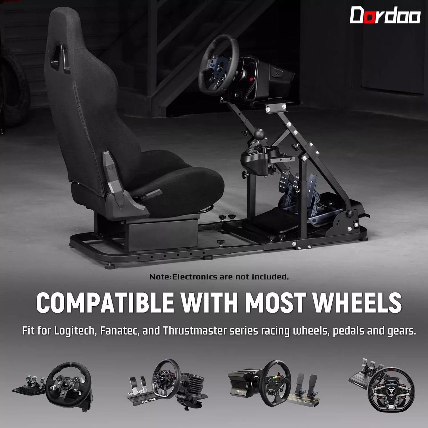 Dardoo Racing Simulator Cockpit Frame Adjustable with Blackseat Racing Wheel Stand Fits for Logitech G923 G29 G920 Thrustmaster Fanatec with Support Seat, Not included Steering Wheel, Pedal, Shifter