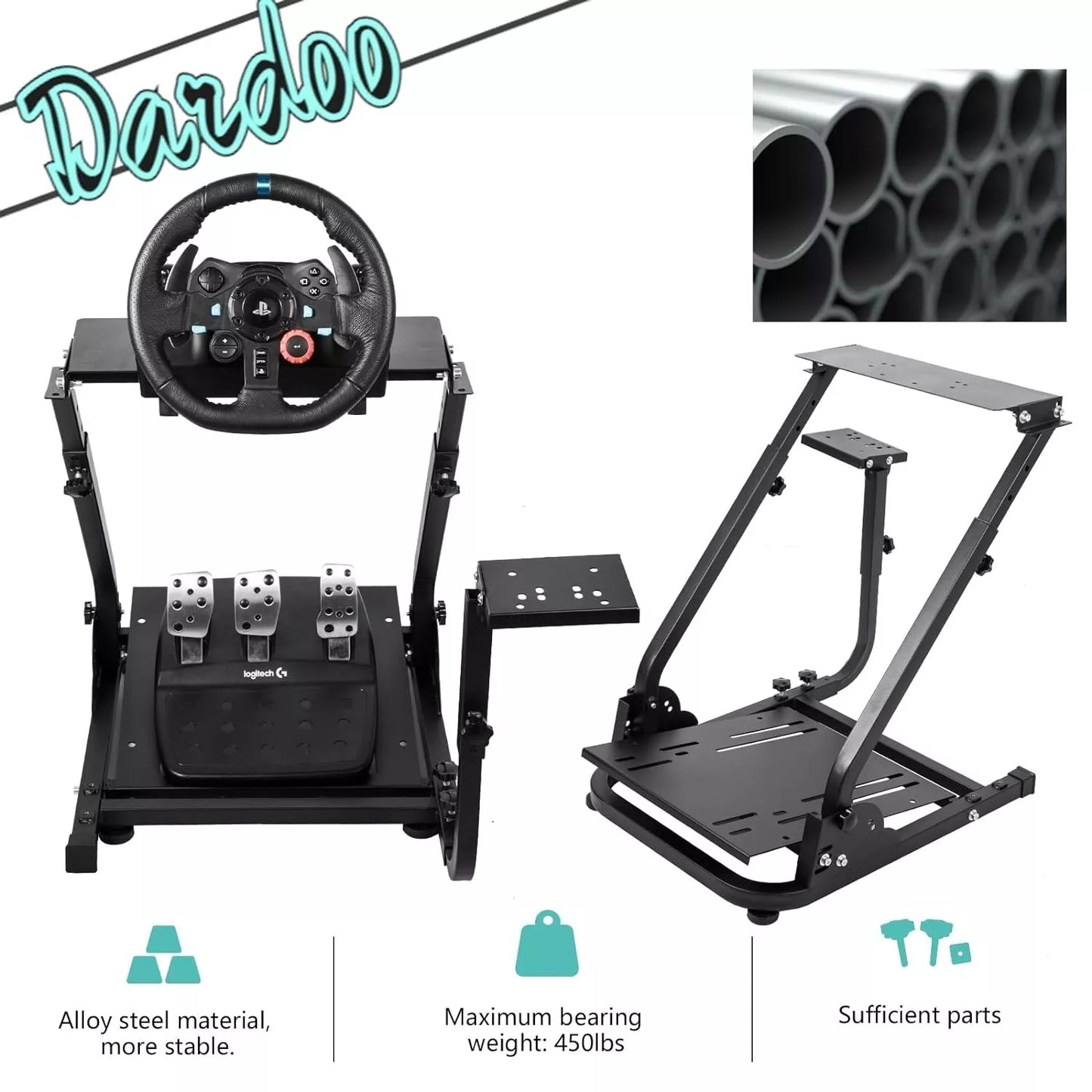 Dardoo Racing Wheel Stand Foldable Fit for Logitech G920,G29,G25,G923, Thrustmaster T80 T150 TX F430, Fanatec Adjustable Steering Frame, not Included Wheel and Pedals