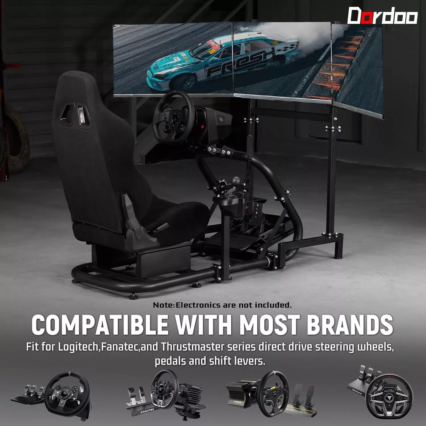 Dardoo Racing Sim Cockpit with Triple Monitor Stand and Black Seat Fit for Logitech Thrustmaster