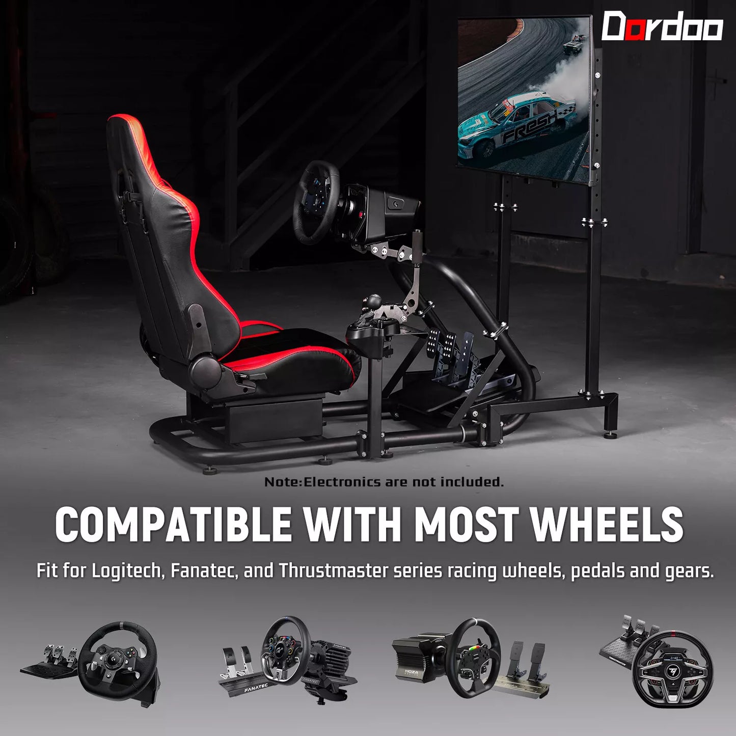 Dardoo Racing Simulator Cockpit with Monitor Stand & Seat Adjustable Compatible with All Logitech G29 G920, Thrustmaster T300, Fanatec, Not Include Wheel Pedal Handbrake Shift TV