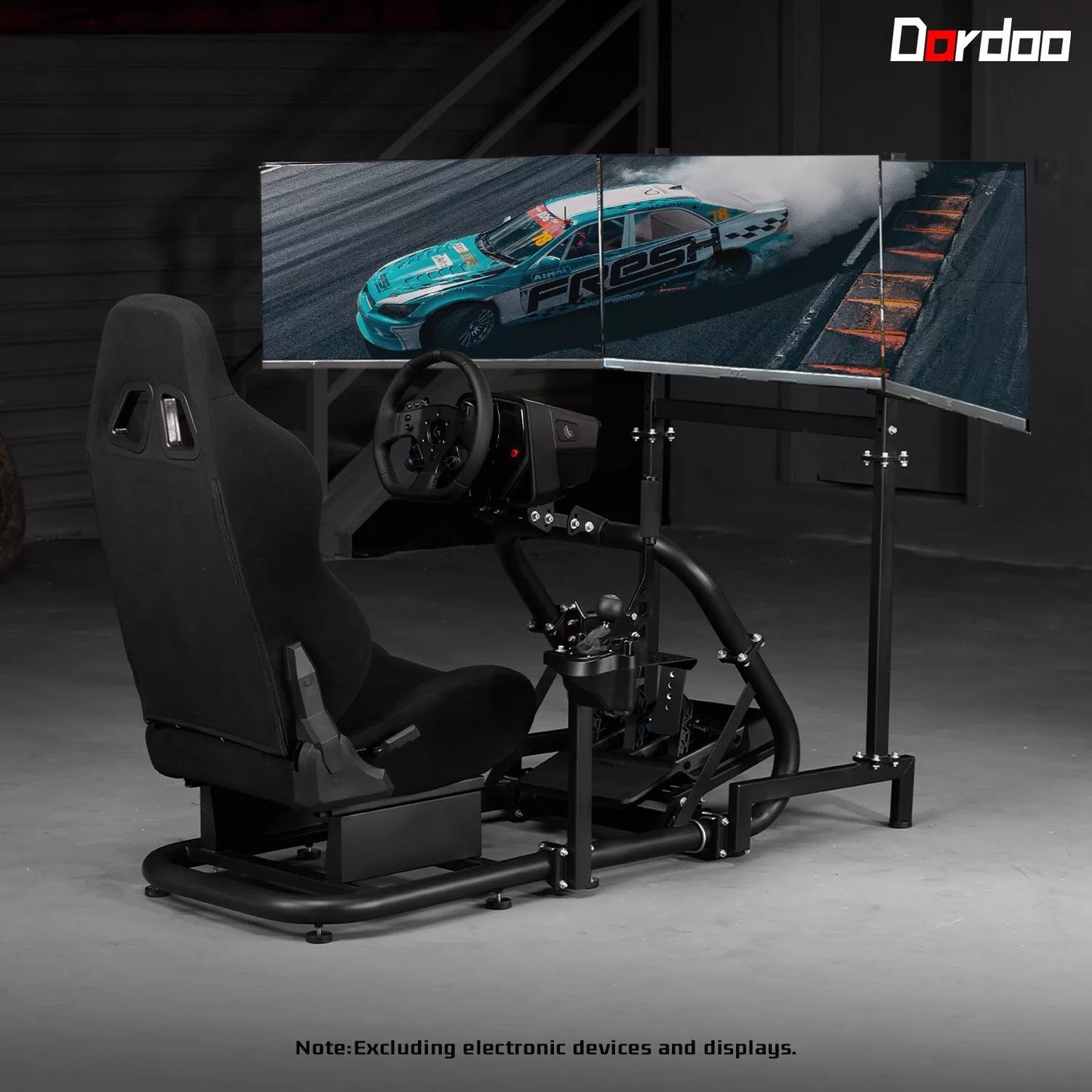Dardoo Racing Sim Cockpit with Triple Monitor Stand and Black Seat Fit for Logitech Thrustmaster