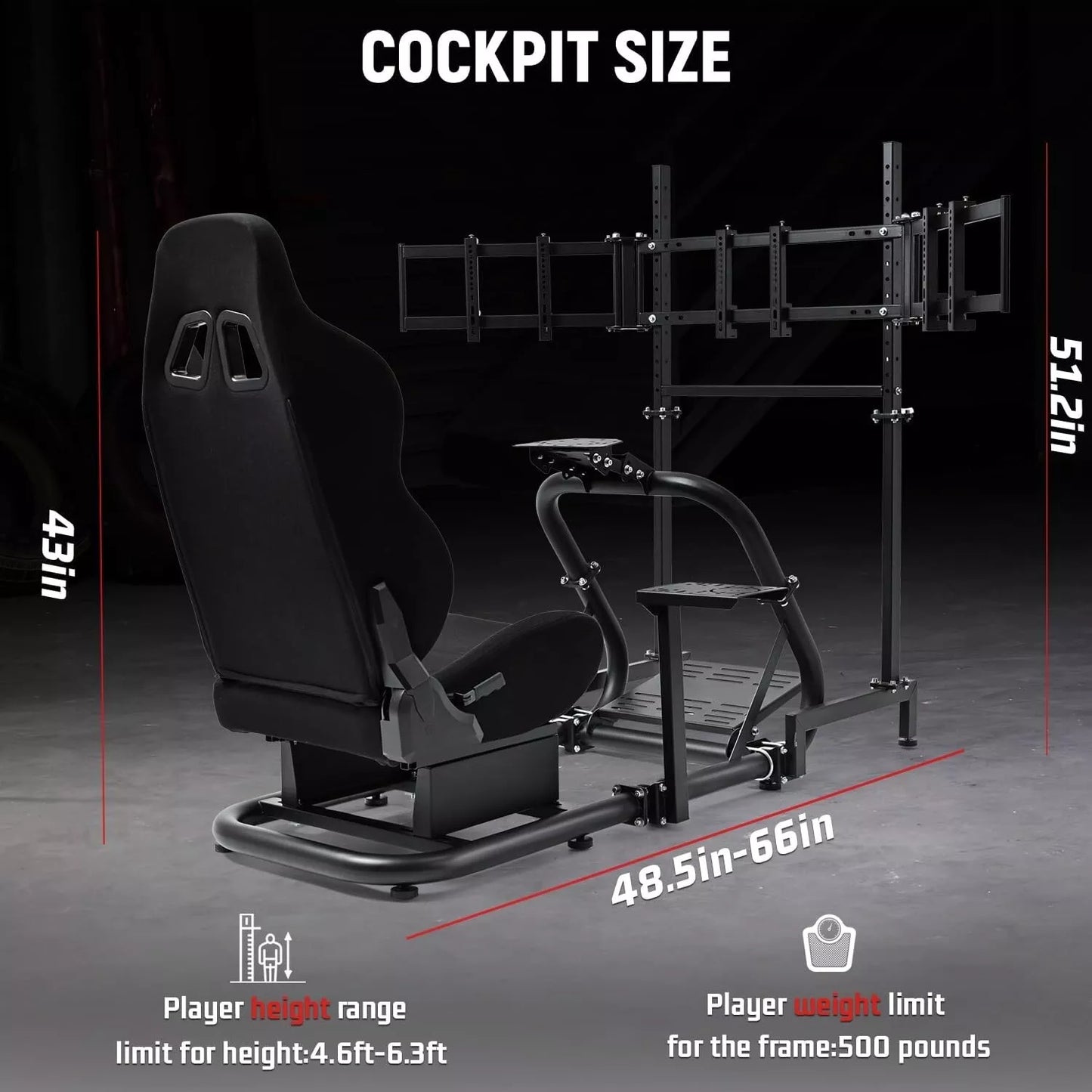 Dardoo Racing Sim Cockpit with Triple Monitor Stand and Black Seat Fit for Logitech Thrustmaster