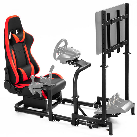 Dardoo Racing Sim Cockpit with Monitor Stand Seat wheel stand Adjustable Compatible with All Logitech G29 G920, Thrustmaster Xbox, Includes only Cockpit,Red Seat and Monitor Stand(75+57)