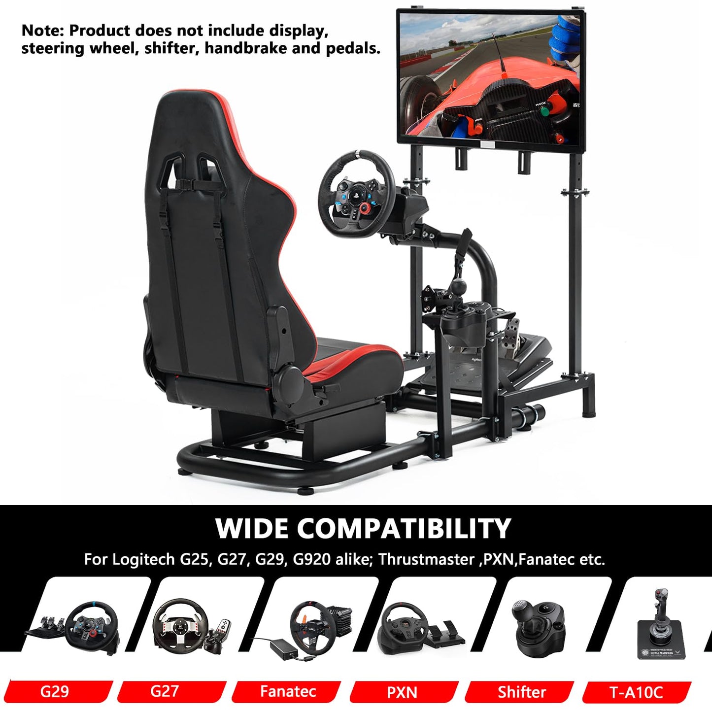 Dardoo Racing Sim Cockpit with Monitor Stand Seat wheel stand Adjustable Compatible with All Logitech G29 G920, Thrustmaster Xbox, Includes only Cockpit,Red Seat and Monitor Stand(75+57)