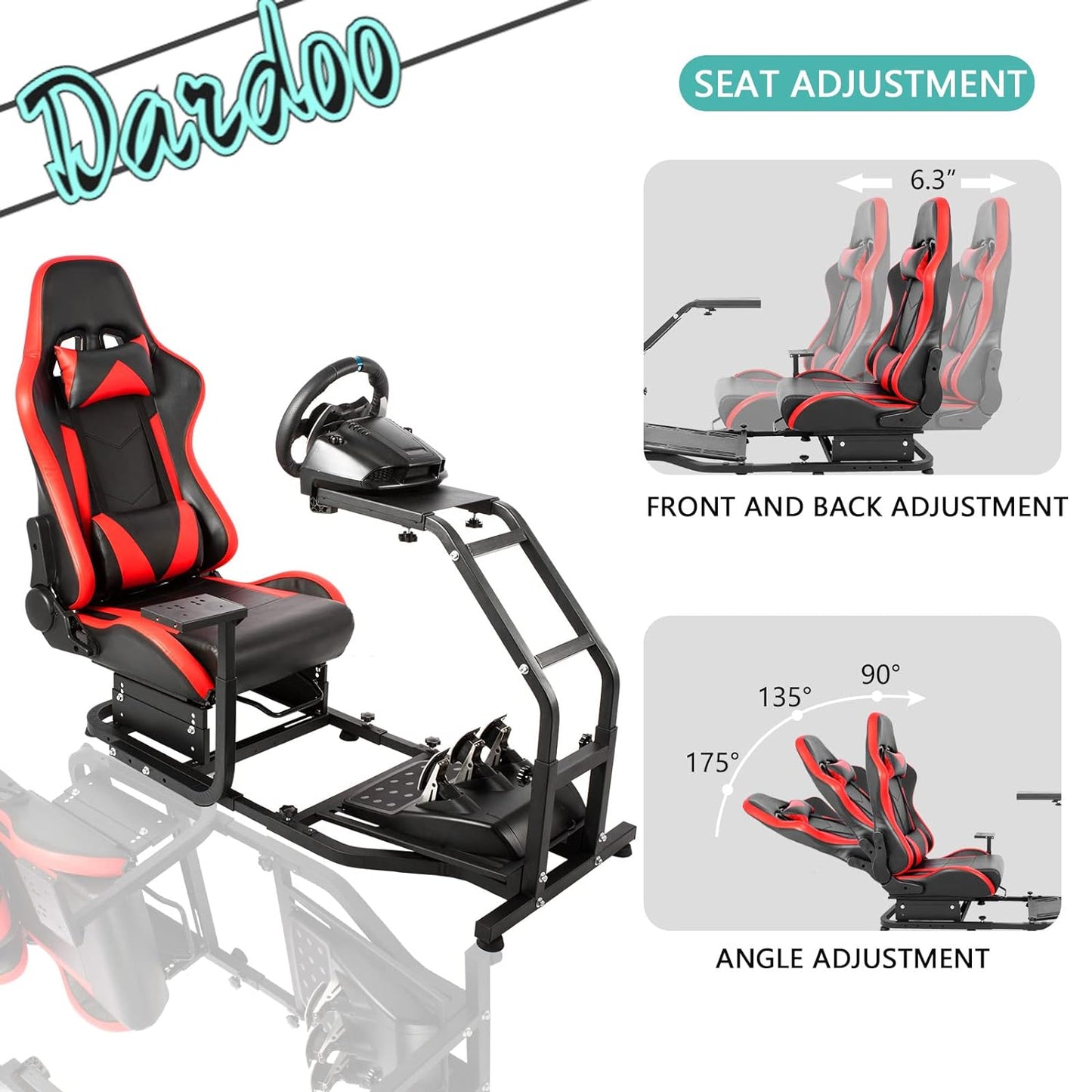 Dardoo Adjustable Gaming Sim Cockpit With Red Seat Fits for Logitech G29 G920 G923 Thrustmaster T300 Racing Steering Wheel Stand, Not Including Steering Wheel, Pedal and Handbrake