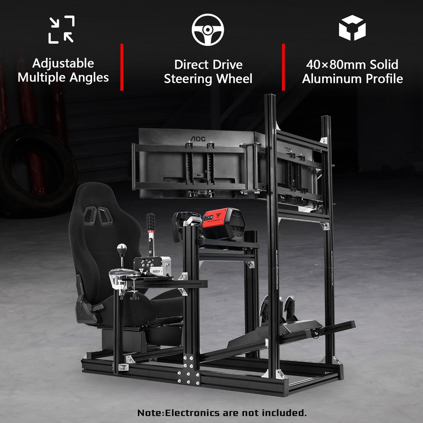 Dardoo 4080 Aluminum Racing Simulator Cockpit with Black Seat and Triple Monitor Stand, Fully Adjustable, Fit for Logitech, Thrustmaster, Fanatec G29 G920 T300, Not Include Steering Wheel,Pedals,Handbrake,Monitor