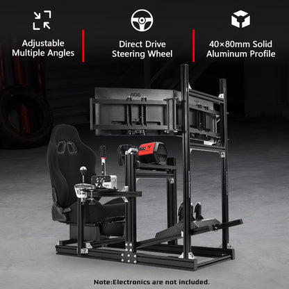 Dardoo 4080 Aluminum Racing Simulator Cockpit with Black Seat and Triple Monitor Stand, Fully Adjustable, Fit for Logitech, Thrustmaster, Fanatec G29 G920 T300, Not Include Steering Wheel,Pedals,Handbrake,Monitor
