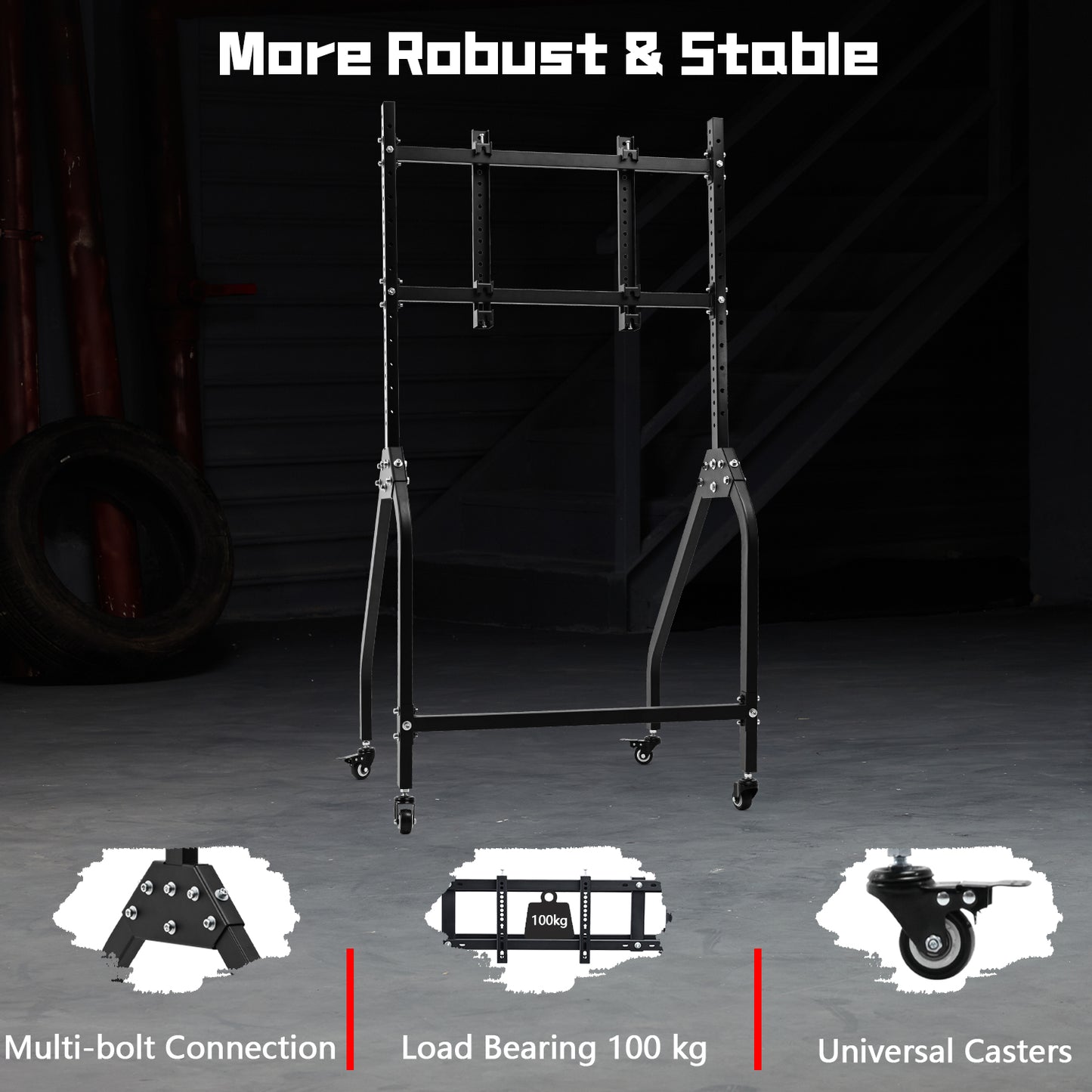 Dardoo Single Monitor Stand with Brake Casters, Premium Adjustable Mount for Racing Simulator Cockpit, Full Motion Adjustability for 27 to 65 inch Monitors, Immersive Gaming Experience