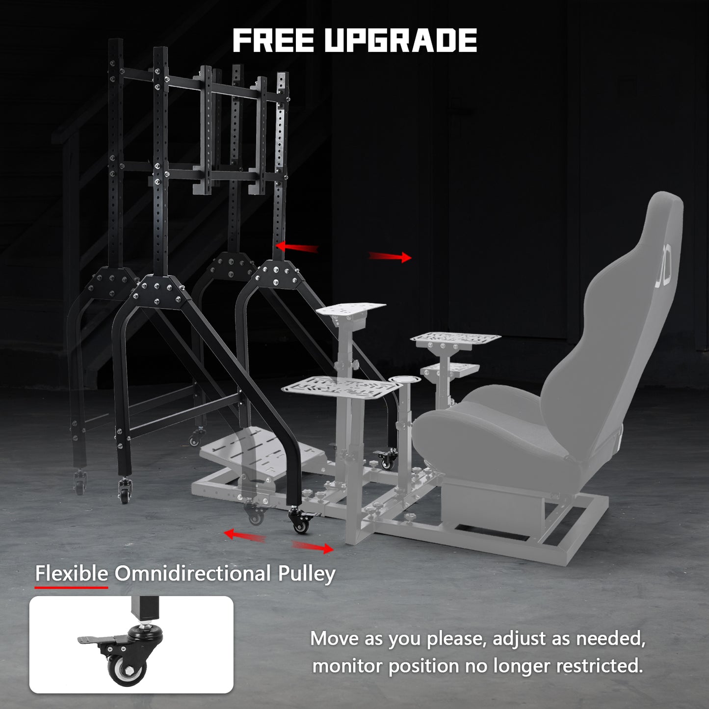 Dardoo Single Monitor Stand with Brake Casters, Premium Adjustable Mount for Racing Simulator Cockpit, Full Motion Adjustability for 27 to 65 inch Monitors, Immersive Gaming Experience