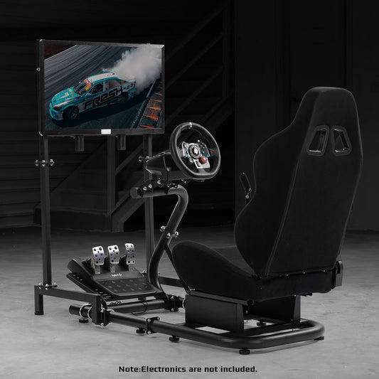 Dardoo Racing Sim Cockpit with Monitor Stand Seat wheel stand Adjustable Compatible with All Logitech G29 G920, Thrustmaster Xbox, Includes only Cockpit,Black Seat and Monitor Stand(75+56)