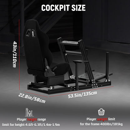Dardoo F1 Racing Wheel Stand Cockpit with Seat, Rugged Profile 40 x 80 mm Wheel Cage Fit for Logitech G923, for Thrustmaster Sim Racing Mount without Steering Wheel, Pedal, Handbrake