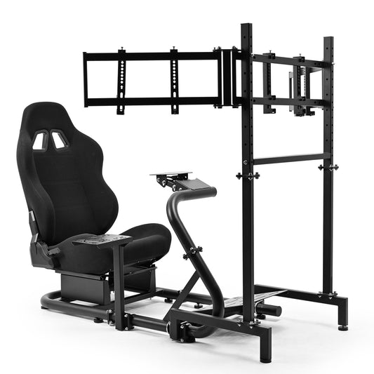 Dardoo  Racing Simulator Cockpit with Black Seat and Triple TV Stand, Adjustable Cockpit Simulator, Fit for Logitech G29,G923,Thrustmaster, T248,T300,TSPC Racing Wheel Stand(Wheel Pedals TV Not Included)