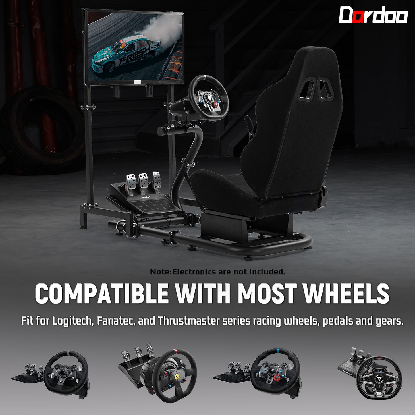 Dardoo Racing Sim Cockpit with Monitor Stand Seat wheel stand Adjustable Compatible with All Logitech G29 G920, Thrustmaster Xbox, Includes only Cockpit,Black Seat and Monitor Stand(75+56)