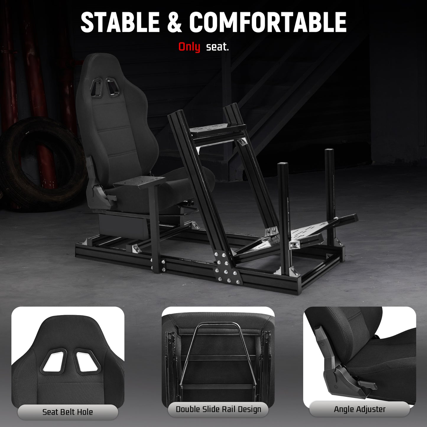 Dardoo F1 Racing Wheel Stand Cockpit with Seat, Rugged Profile 40 x 80 mm Wheel Cage Fit for Logitech G923, for Thrustmaster Sim Racing Mount without Steering Wheel, Pedal, Handbrake