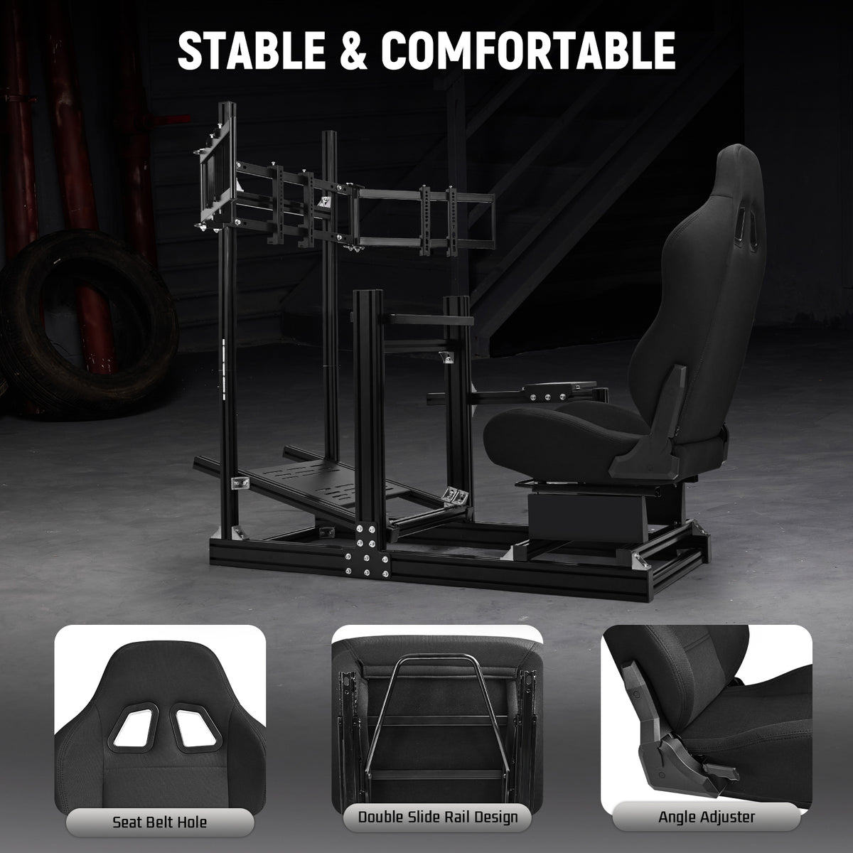 Dardoo 4080 Aluminum Racing Simulator Cockpit with Black Seat and Triple Monitor Stand, Fully Adjustable, Fit for Logitech, Thrustmaster, Fanatec G29 G920 T300, Not Include Steering Wheel,Pedals,Handbrake,Monitor
