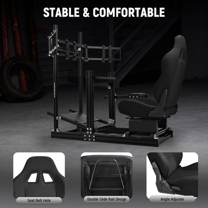 Dardoo 4080 Aluminum Racing Simulator Cockpit with Black Seat and Triple Monitor Stand, Fully Adjustable, Fit for Logitech, Thrustmaster, Fanatec G29 G920 T300, Not Include Steering Wheel,Pedals,Handbrake,Monitor