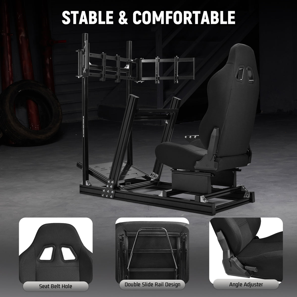 Dardoo Gaming Simulator Cockpit With Seat Triple-Screen Display Stand, Profile 40 x 80 mm , Steering Wheels Fit For Logitech G923 G29 G920, for Thrustmaster T300RS TMX-PRO, Shifter, Handbrake, Pedals & Display are not Included