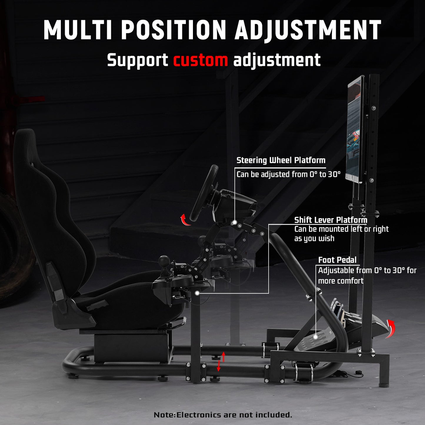 Dardoo Racing Sim Cockpit with Monitor Stand Seat wheel stand Adjustable Compatible with All Logitech G29 G920, Thrustmaster Xbox, Includes only Cockpit,Black Seat and Monitor Stand(75+56)
