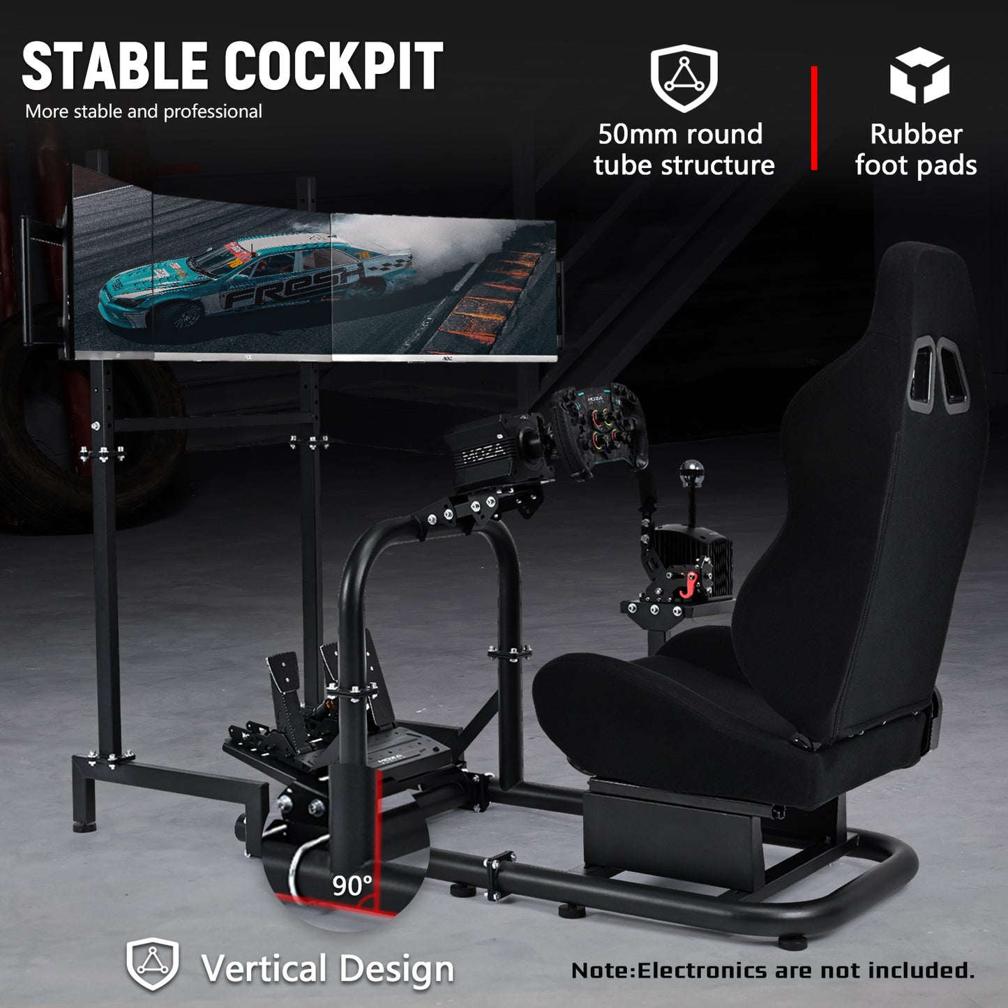 Dardoo Racing Simulator Cockpit Vertical Bracket with Triple Monitor Stand and Black Seat Fit for Logitech G29 G920 G923,for Thrustmaster T300RS,for Fanatec CSL-DD, No Steering Wheel, Pedal or Shifter