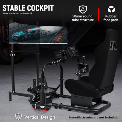 Dardoo Racing Simulator Cockpit Vertical Bracket with Triple Monitor Stand and Black Seat Fit for Logitech G29 G920 G923,for Thrustmaster T300RS,for Fanatec CSL-DD, No Steering Wheel, Pedal or Shifter