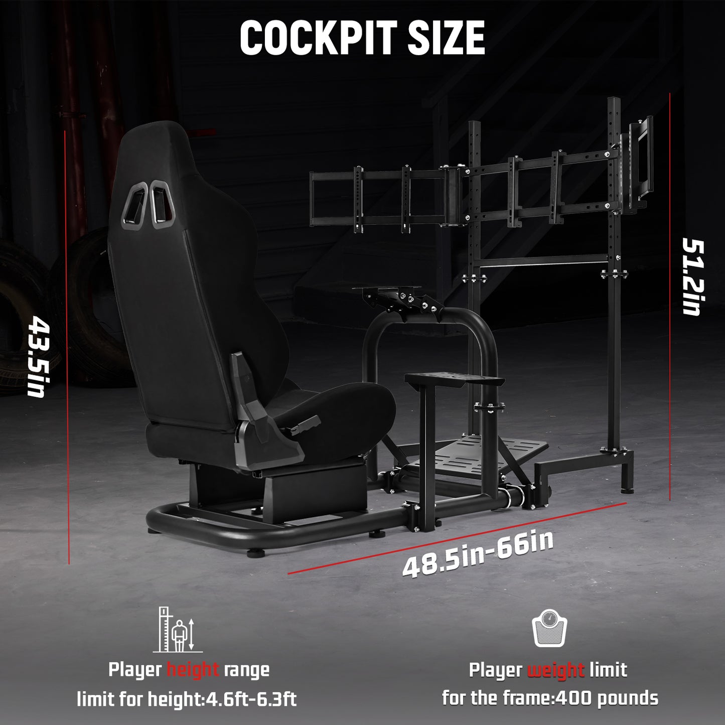 Dardoo Racing Simulator Cockpit Vertical Bracket with Triple Monitor Stand and Black Seat Fit for Logitech G29 G920 G923,for Thrustmaster T300RS,for Fanatec CSL-DD, No Steering Wheel, Pedal or Shifter