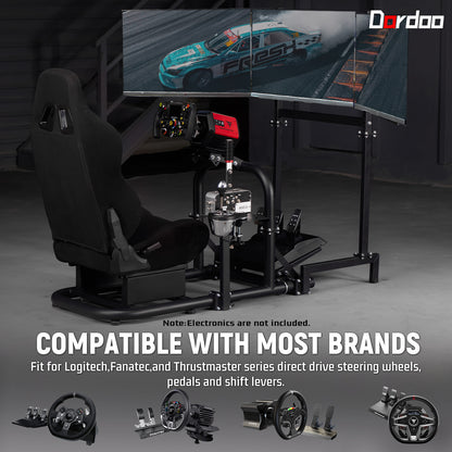 Dardoo Racing Simulator Cockpit Vertical Bracket with Triple Monitor Stand and Black Seat Fit for Logitech G29 G920 G923,for Thrustmaster T300RS,for Fanatec CSL-DD, No Steering Wheel, Pedal or Shifter