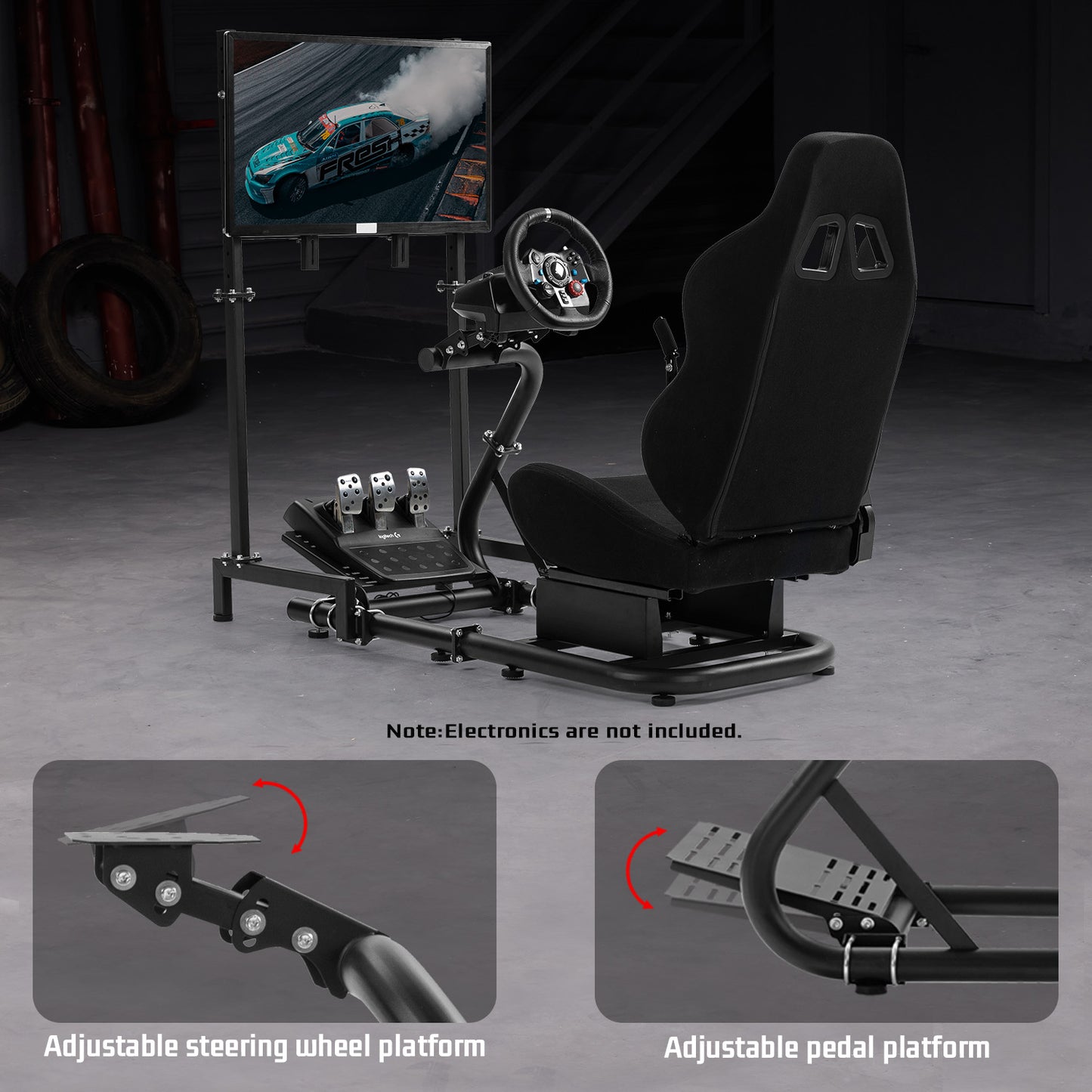 Dardoo Racing Sim Cockpit with Monitor Stand Seat wheel stand Adjustable Compatible with All Logitech G29 G920, Thrustmaster Xbox, Includes only Cockpit,Black Seat and Monitor Stand(75+56)