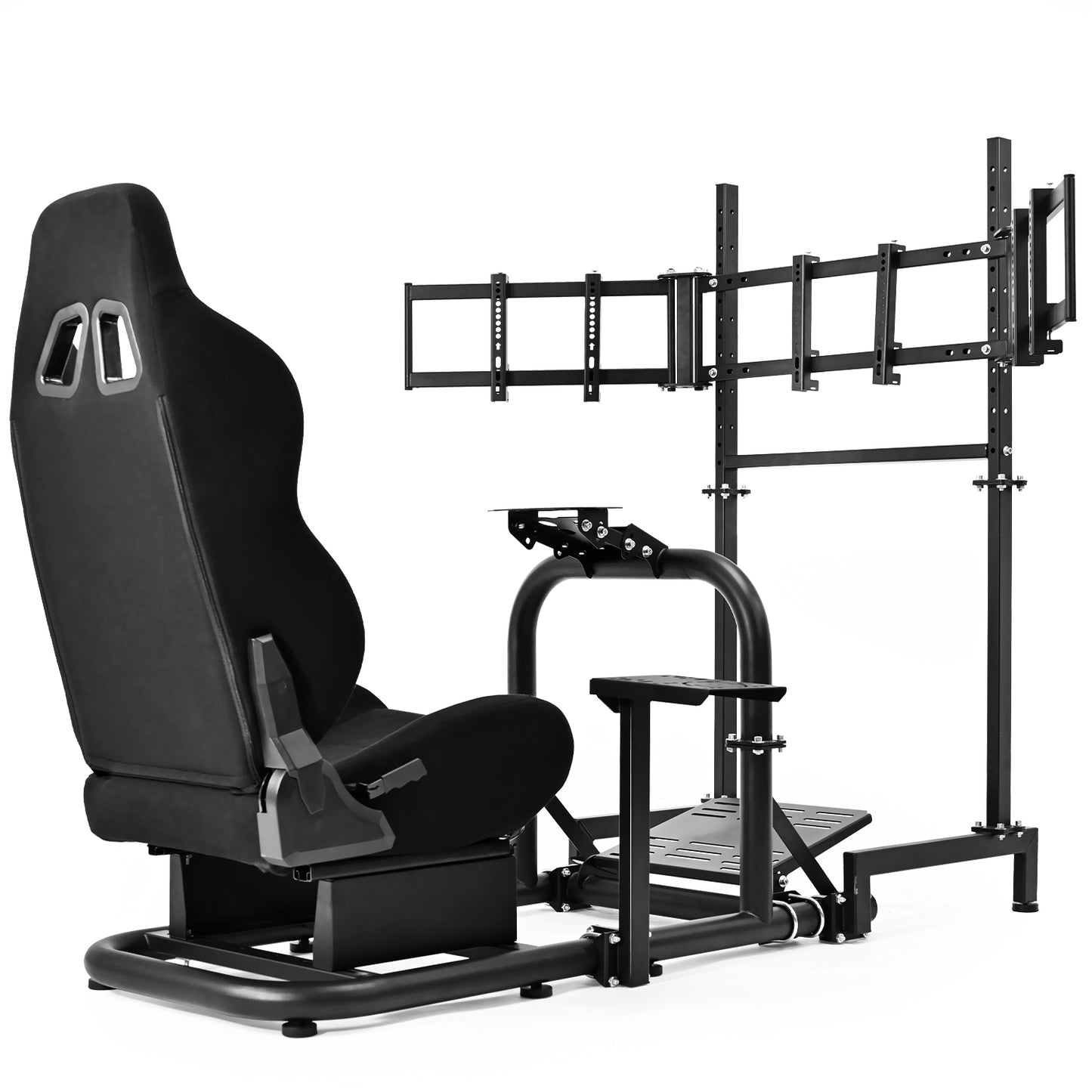 Dardoo Racing Simulator Cockpit Vertical Bracket with Triple Monitor Stand and Black Seat Fit for Logitech G29 G920 G923,for Thrustmaster T300RS,for Fanatec CSL-DD, No Steering Wheel, Pedal or Shifter