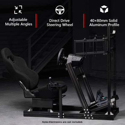 Dardoo Gaming Simulator Cockpit With Seat Triple-Screen Display Stand, Profile 40 x 80 mm , Steering Wheels Fit For Logitech G923 G29 G920, for Thrustmaster T300RS TMX-PRO, Shifter, Handbrake, Pedals & Display are not Included