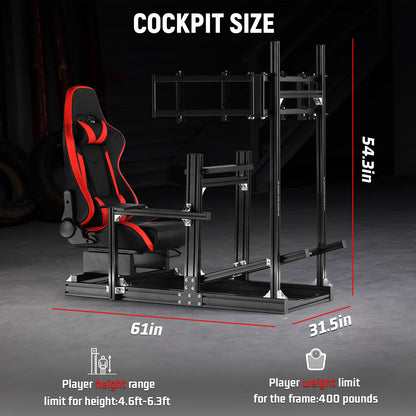 Dardoo 4080 Aluminium Profile Racing Sim Cockpit with Red Seat and Triple Monitor Stand, Fully Adjustability, Fit for Logitech,Thrustmaster, Fanatec G29 G923 T248,  Not Include Steering Wheel,Pedals,Handbrake