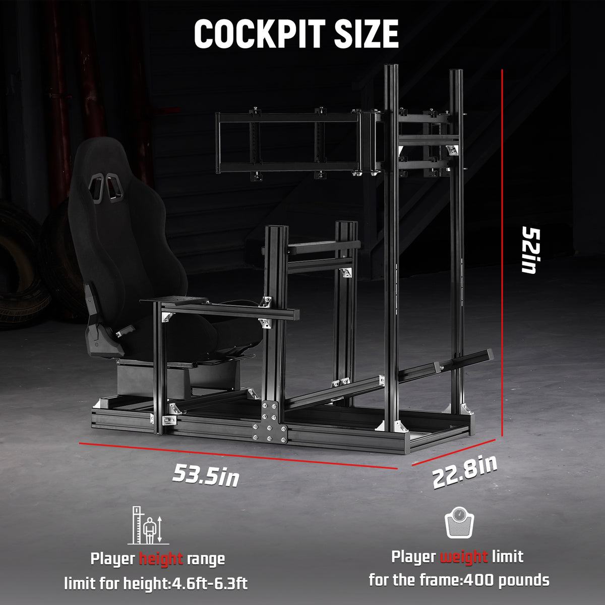 Dardoo 4080 Aluminum Racing Simulator Cockpit with Black Seat and Triple Monitor Stand, Fully Adjustable, Fit for Logitech, Thrustmaster, Fanatec G29 G920 T300, Not Include Steering Wheel,Pedals,Handbrake,Monitor