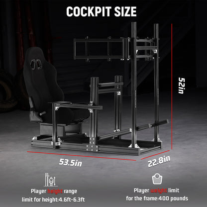 Dardoo 4080 Aluminum Racing Simulator Cockpit with Black Seat and Triple Monitor Stand, Fully Adjustable, Fit for Logitech, Thrustmaster, Fanatec G29 G920 T300, Not Include Steering Wheel,Pedals,Handbrake,Monitor