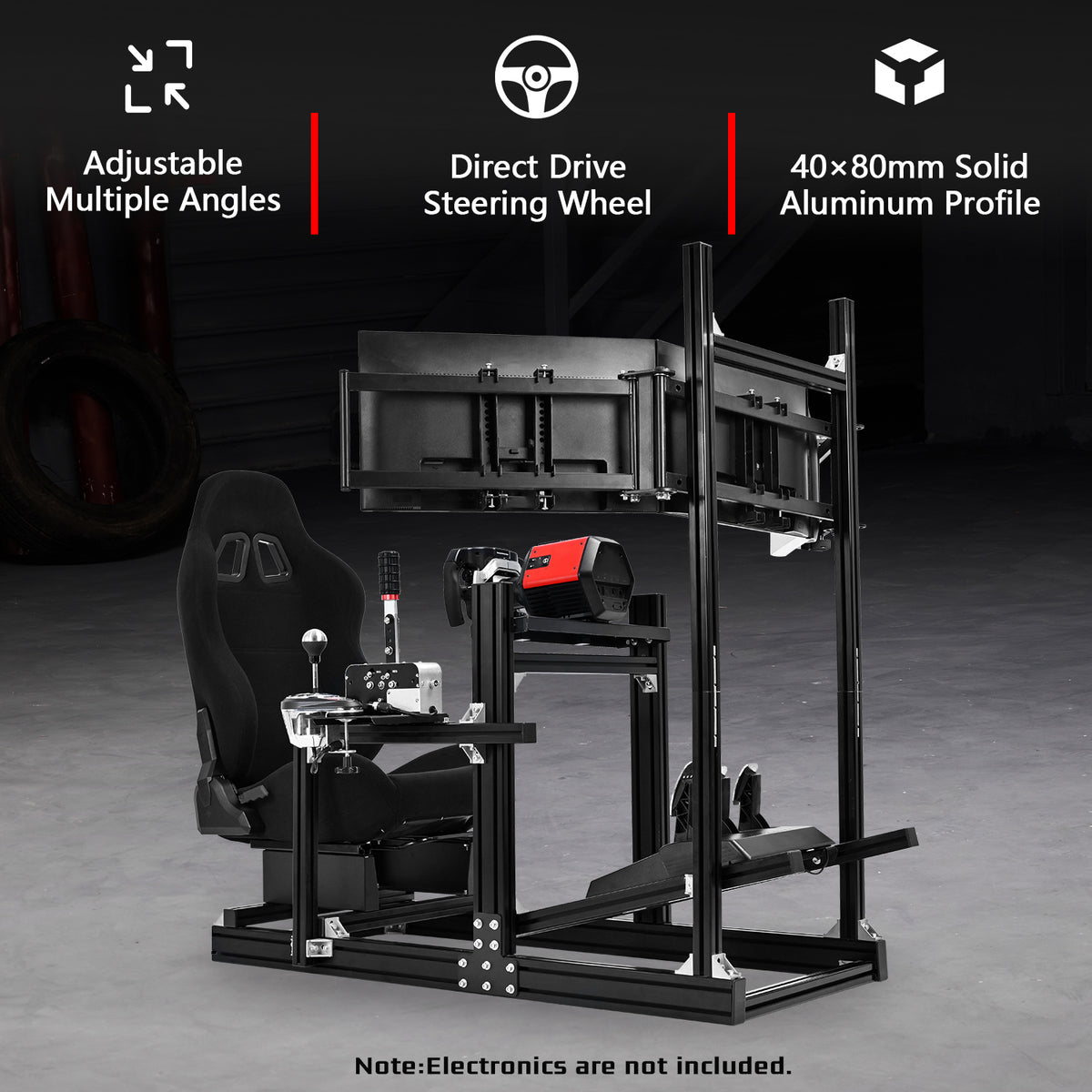 Dardoo 4080 Aluminum Racing Simulator Cockpit with Black Seat and Triple Monitor Stand, Fully Adjustable, Fit for Logitech, Thrustmaster, Fanatec G29 G920 T300, Not Include Steering Wheel,Pedals,Handbrake,Monitor