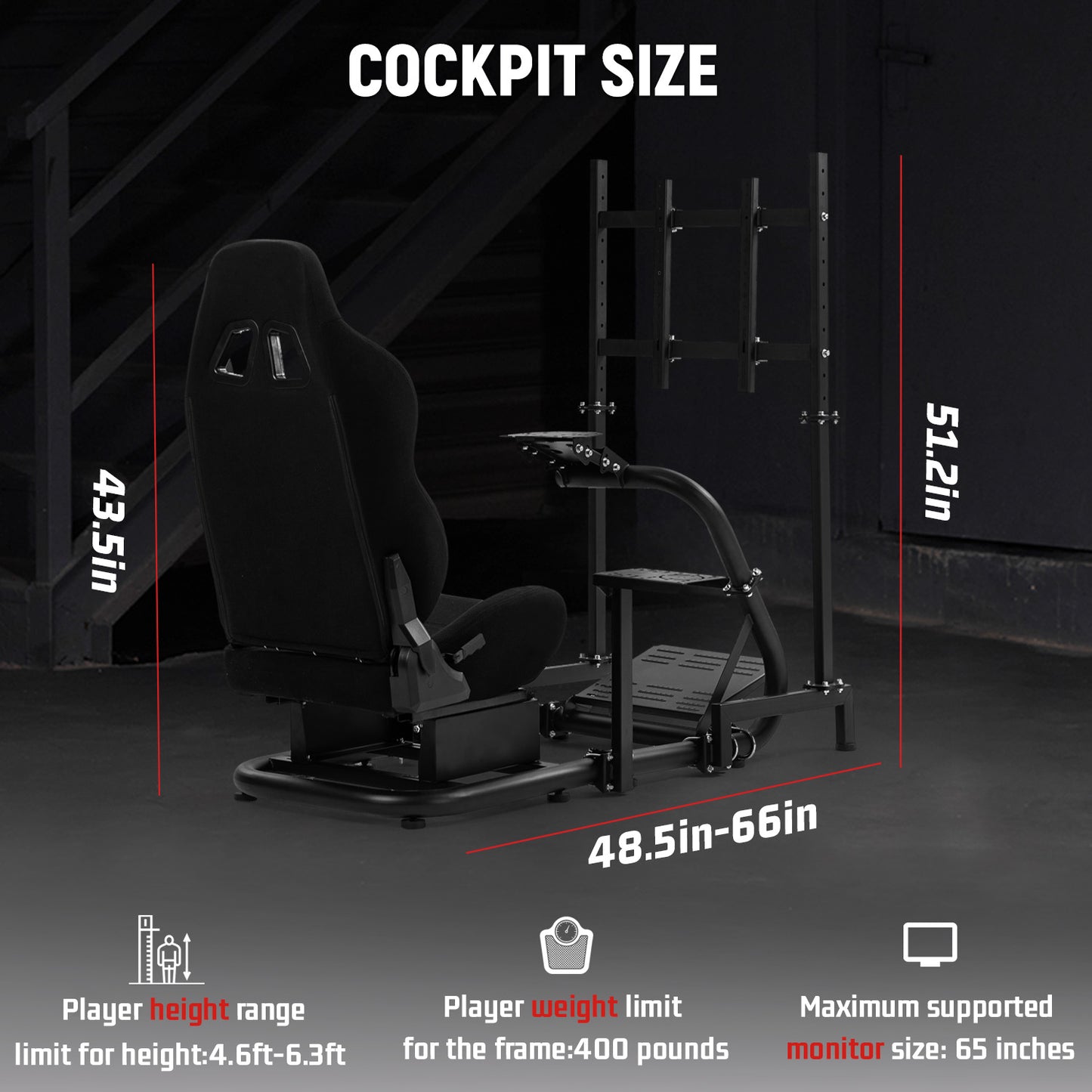 Dardoo Racing Sim Cockpit with Monitor Stand Seat wheel stand Adjustable Compatible with All Logitech G29 G920, Thrustmaster Xbox, Includes only Cockpit,Black Seat and Monitor Stand(75+56)