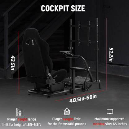 Dardoo Racing Sim Cockpit with Monitor Stand Seat wheel stand Adjustable Compatible with All Logitech G29 G920, Thrustmaster Xbox, Includes only Cockpit,Black Seat and Monitor Stand(75+56)