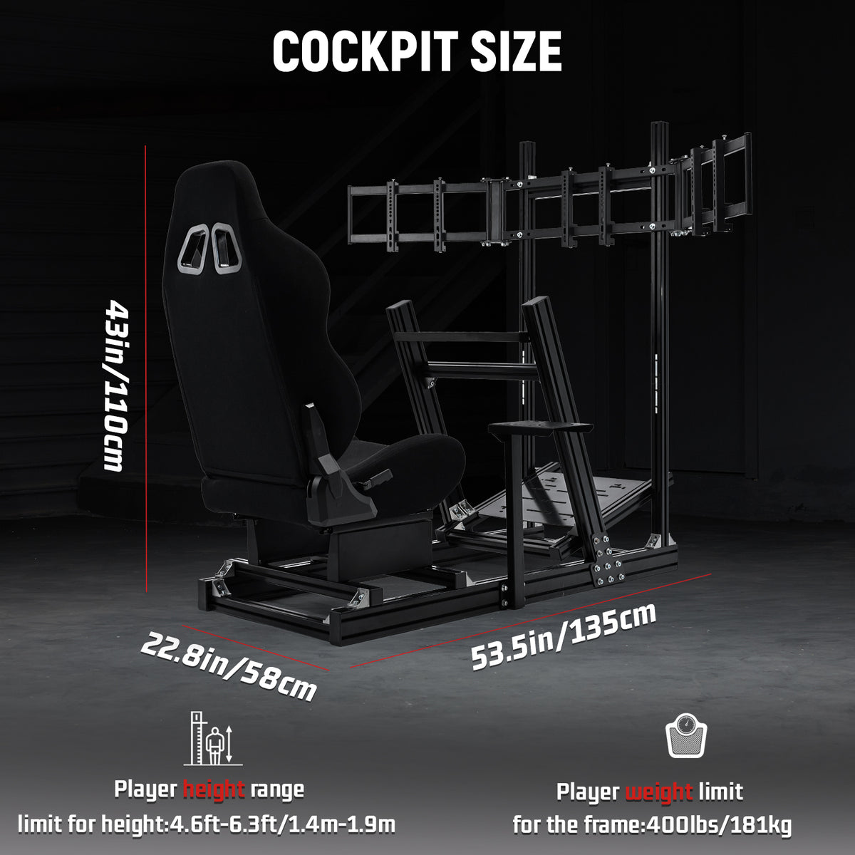 Dardoo Gaming Simulator Cockpit With Seat Triple-Screen Display Stand, Profile 40 x 80 mm , Steering Wheels Fit For Logitech G923 G29 G920, for Thrustmaster T300RS TMX-PRO, Shifter, Handbrake, Pedals & Display are not Included
