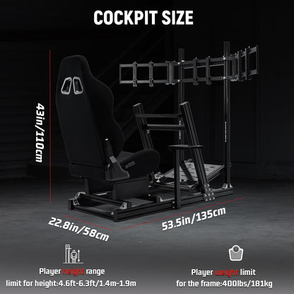 Dardoo Gaming Simulator Cockpit With Seat Triple-Screen Display Stand, Profile 40 x 80 mm , Steering Wheels Fit For Logitech G923 G29 G920, for Thrustmaster T300RS TMX-PRO, Shifter, Handbrake, Pedals & Display are not Included