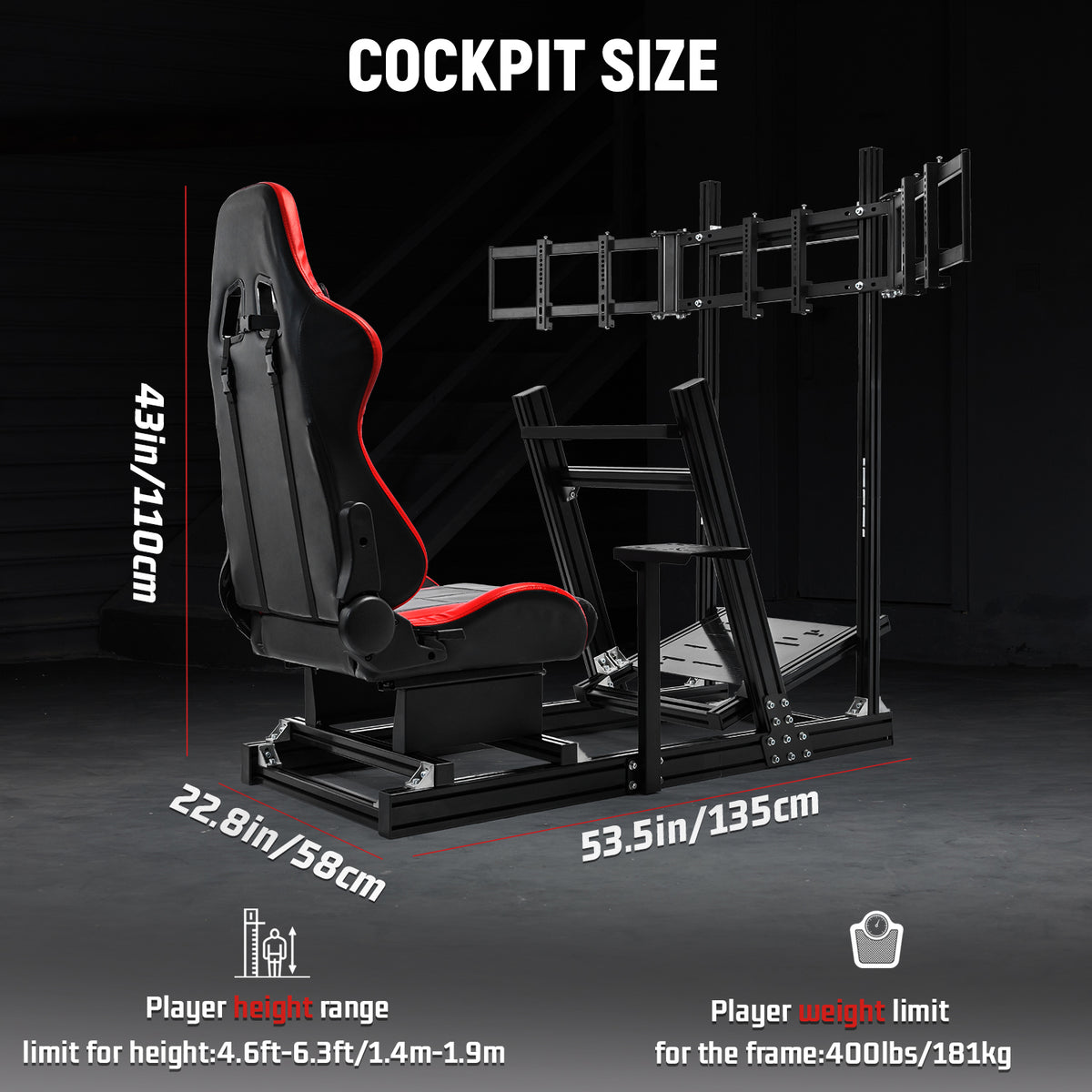 Dardoo F1 Racing Simulator Cockpit with Seat Triple-Screen Display Frames Solid profile 40 x 80 mm Wheel Stand Fit for Logitech G920 G923, for Thrustmaster T300RS Without Wheel, Pedal, Handbrake and Monitor