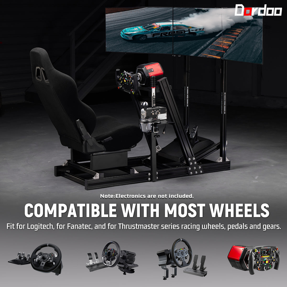 Dardoo Gaming Simulator Cockpit With Seat Triple-Screen Display Stand, Profile 40 x 80 mm , Steering Wheels Fit For Logitech G923 G29 G920, for Thrustmaster T300RS TMX-PRO, Shifter, Handbrake, Pedals & Display are not Included