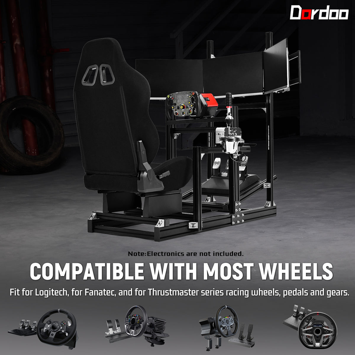 Dardoo 4080 Aluminum Racing Simulator Cockpit with Black Seat and Triple Monitor Stand, Fully Adjustable, Fit for Logitech, Thrustmaster, Fanatec G29 G920 T300, Not Include Steering Wheel,Pedals,Handbrake,Monitor
