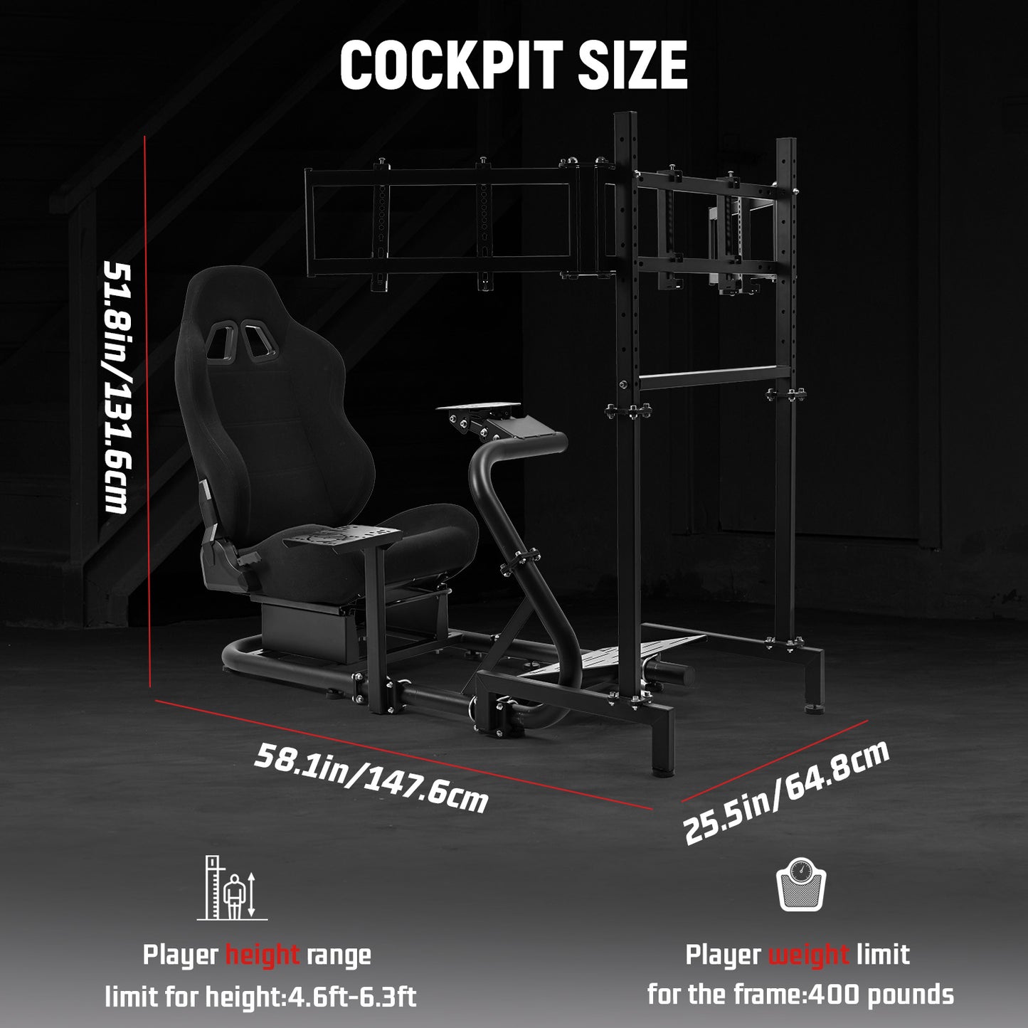 Dardoo Inspired Racing Sim Simulator Cockpit with Black Seat and  Triple Monitor Stand, Fit for Logitech Thrustmaster G29,G25,G920,G923,T248,NOT Include Wheel Shifter Pedals