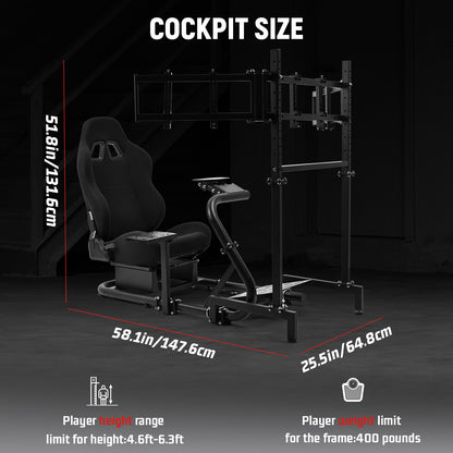 Dardoo Inspired Racing Sim Simulator Cockpit with Black Seat and  Triple Monitor Stand, Fit for Logitech Thrustmaster G29,G25,G920,G923,T248,NOT Include Wheel Shifter Pedals