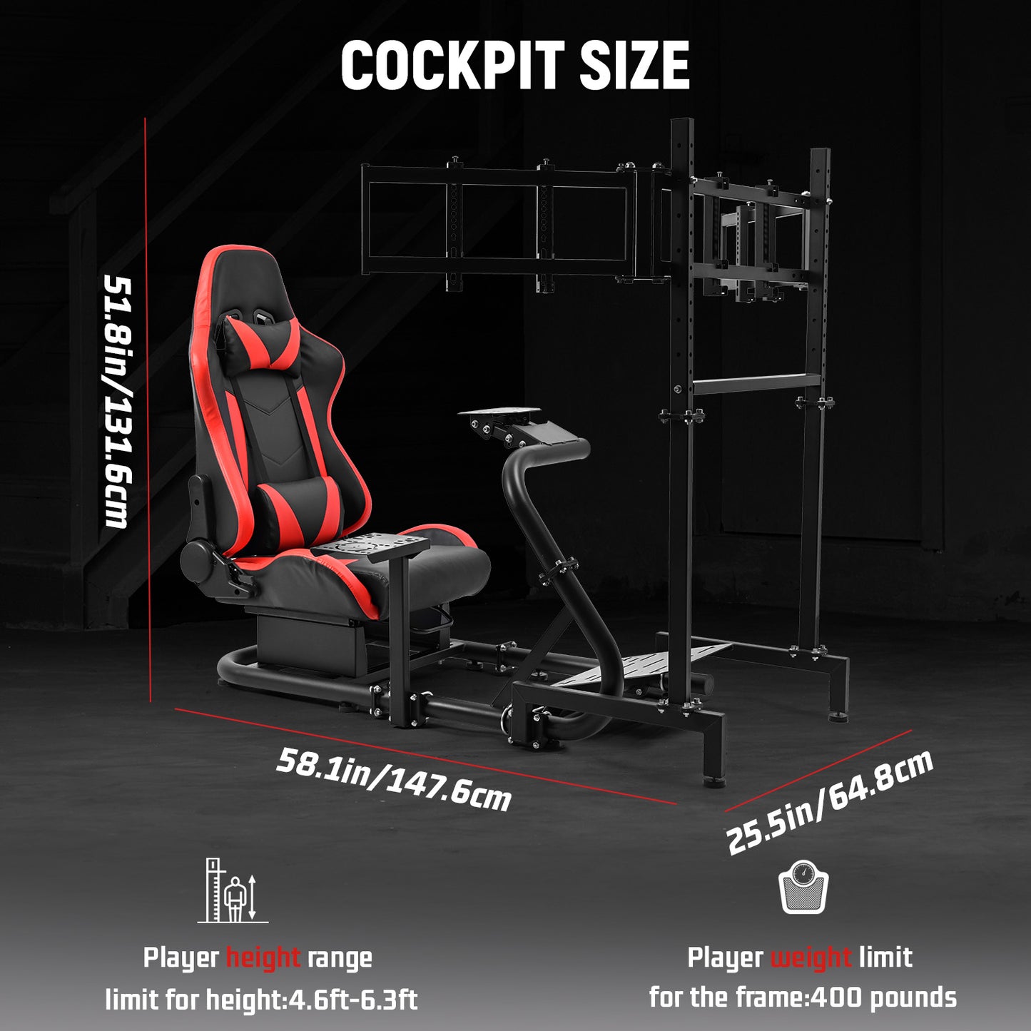 Dardoo Inspired Racing Sim Simulator Cockpit with Red Seat and  Triple Monitor Stand, Fit for Logitech G29,G25,G920,G923,T248,NOT Include Wheel Shifter Pedals